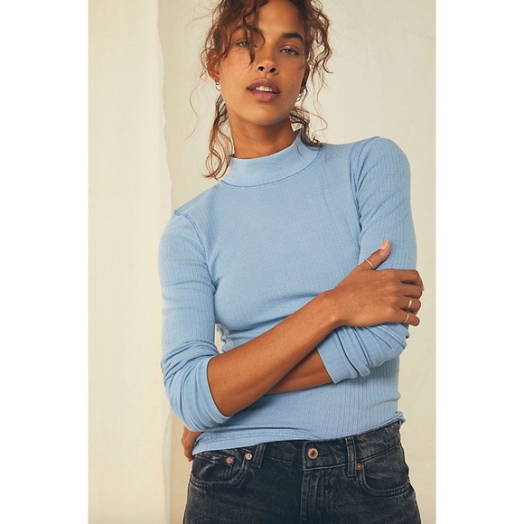 Free People Tops - Free People the Rickie Top Ribbed Mock Neck Blue